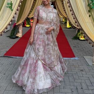 Elegant Pink & Cream Floral Lehenga Choli with Sheer Dupatta